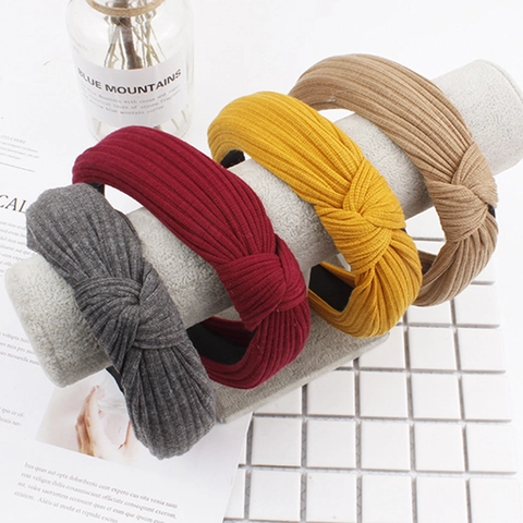 Gestricktes Stirnband Mit Knoten Für Damen Gerippt Einfarbig Elastischer Haarreif Retro Stil Gedrehtes Haarband