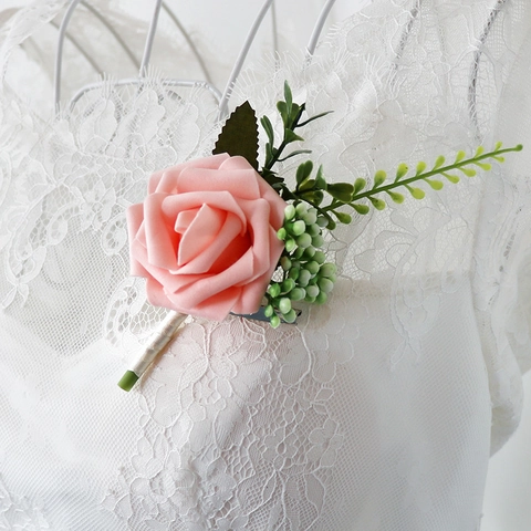 Artificial PE Rose Boutonniere With Green Leaves Berries Satin Ribbon Pin Clip Handmade Wedding Party Men Suit Decor