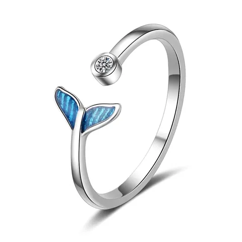 Anillo Abierto De Cola De Pez Azul Cobre Con Circón Océano Ballena Ajustable Joyería Para Mujer