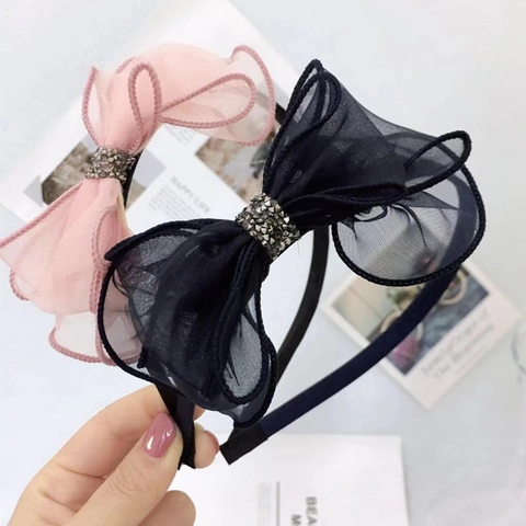 Large Bow Headband Mesh Tulle Rhinestone Center Sweet Elegant Hair Hoop Accessory For Women Girls Solid Color Headwear