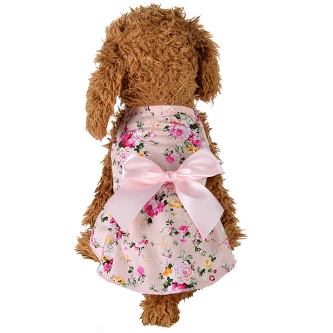 Pet Floral Dress Cotton Princess Style Large Satin Bow Summer Apparel For Small Dogs Cats
