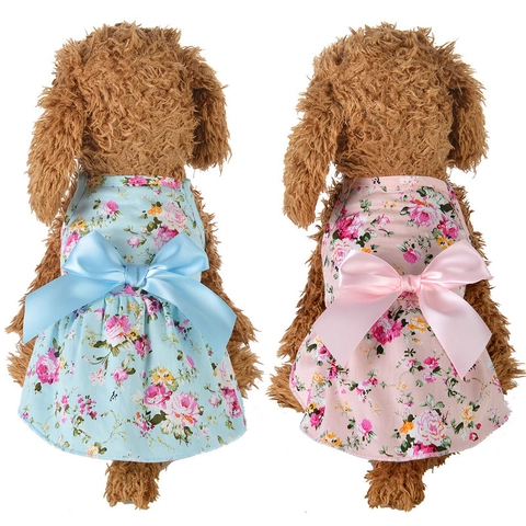 Pet Floral Dress Cotton Princess Style Large Satin Bow Summer Apparel For Small Dogs Cats