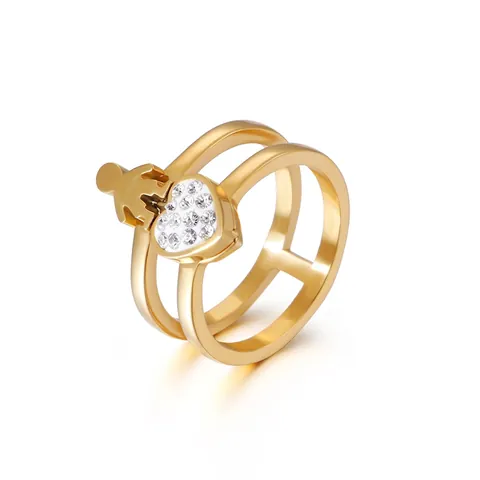 Anello Doppio Strato Acciaio Inossidabile Cuore Zirconi Bambino Bambina Silhouette Gioielli Moda Regalo