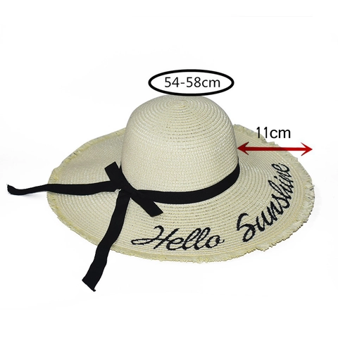 Women Straw Sun Hat Wide Brim Frayed Edge Black Bow Ribbon Hello Sunshine Embroidery Beach Travel Summer