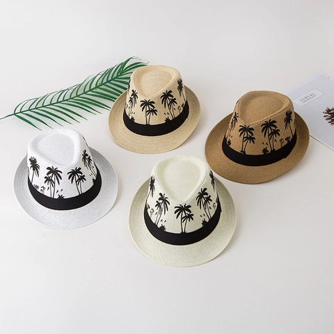 Cappello Di Paglia Fedora Estivo Stampa Palma Vintage Sole Spiaggia Jazz Berretto Con Nastro Per Uomini E Donne