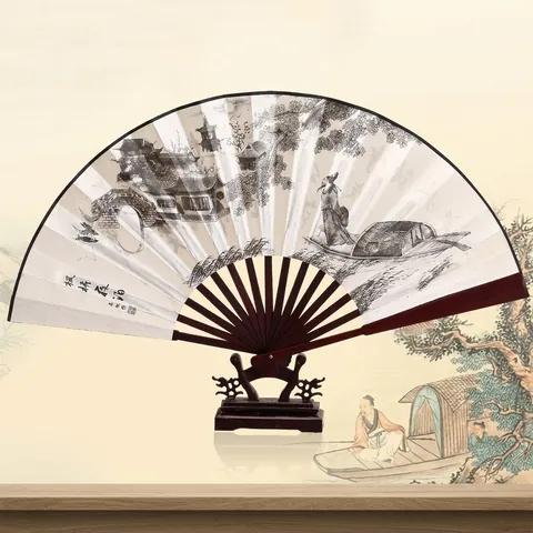 Traditionele Chinese Vouwwaaier Bamboe Satijn Handwaaier Inkttekening Calligrafie Decoratieve Vouwwaaier Cadeau