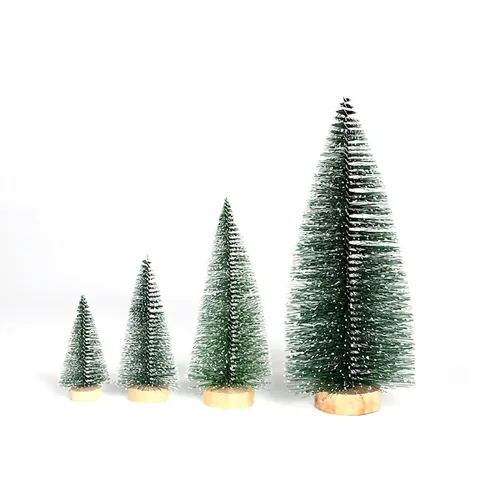 Mini Artificial Christmas Tree Frosted Snow Pine Needle Wood Base Tabletop Decoration Winter Holiday Ornament