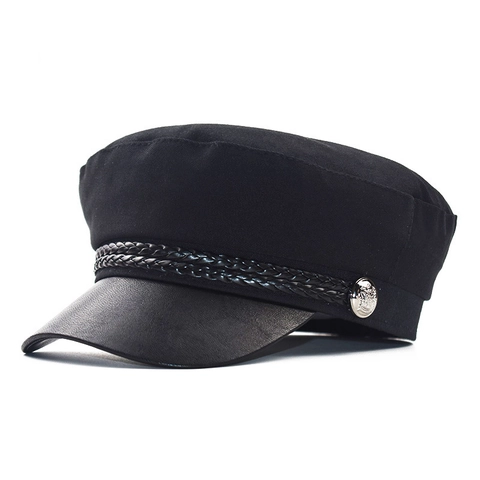 Casquette Gavroche Femme Coton Visière Cuir PU Chapeau Marin Plat Vintage Style Britannique Corde Tressée Bouton Métal