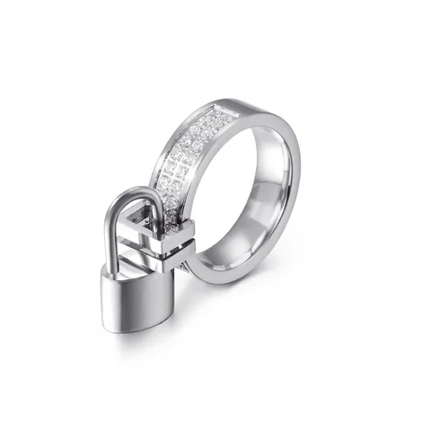 Anillo De Moda De Acero Inoxidable Doble Fila Circonia Con Colgante De Candado Estilo Punk Joyería Mujeres Hombres
