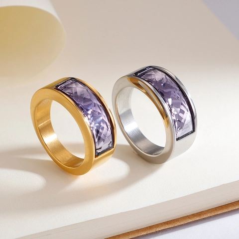 Vintage Titanium Stainless Steel Ring For Men Women Rectangle Colorful Crystal Glass Inlaid Band Fashion Jewelry Gift
