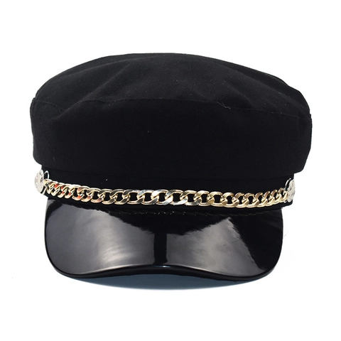 Retro Damen Schirmmütze Mit PU-Leder Patentkrempe Und Metallkette Dekor Oktogonal Baker Boy Mütze Casual Herbst Winter