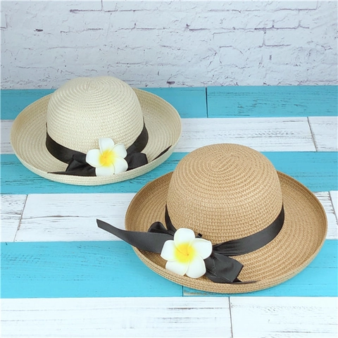 Chapeau De Paille Femme Soleil Large Bord Pliable Vacances Plage Ruban Fleur Tissé Accessoire Été