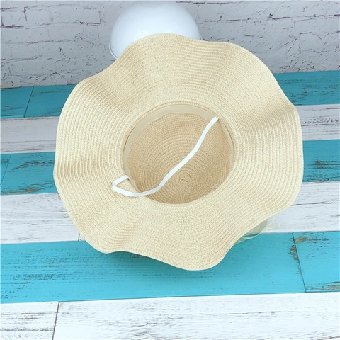 Summer Woven Straw Sun Hat Wide Wave Brim Flower Artificial Pearl Ribbon Decor Beach Vacation Women Kids