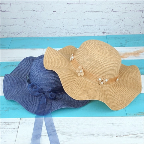 Summer Woven Straw Sun Hat Wide Wave Brim Flower Artificial Pearl Ribbon Decor Beach Vacation Women Kids