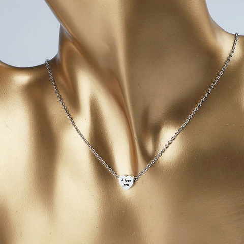 Heart Pendant Necklace Stainless Steel Engraved I Love You Romantic Minimalist Jewelry Gift For Couples