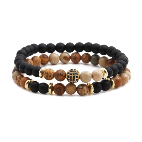 Natural Tiger Eye Beaded Distance Bracelet For Men Women Copper Micro Pave Rhinestone Ball Stretch Elastic Bracelet Jewelry
