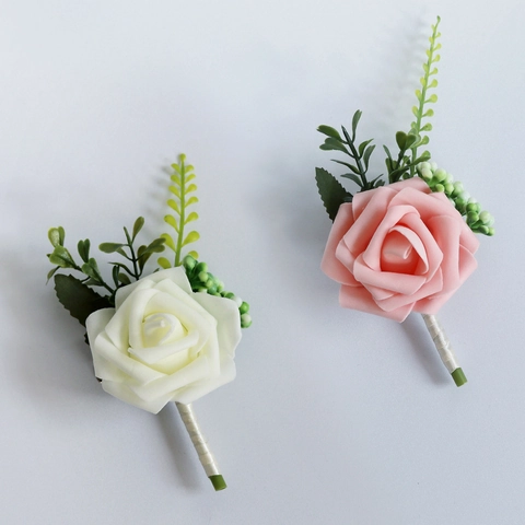 Artificial PE Rose Boutonniere With Green Leaves Berries Satin Ribbon Pin Clip Handmade Wedding Party Men Suit Decor