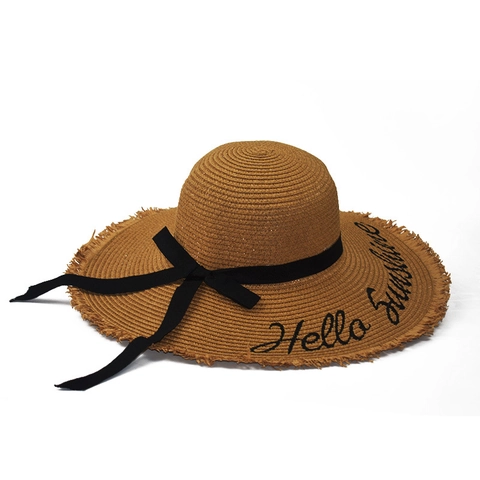 Women Straw Sun Hat Wide Brim Frayed Edge Black Bow Ribbon Hello Sunshine Embroidery Beach Travel Summer