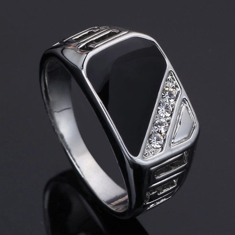 Men Square Signet Ring Alloy With Black Enamel And Zirconia Geometric Fashion Business Style Finger Jewelry Accessory
