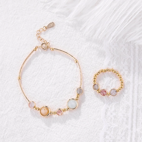 Natur Erdbeerquarz Kristall Armband Und Ring Mehrfarbige Glücksperlen Verstellbarer Modeschmuck Für Damen