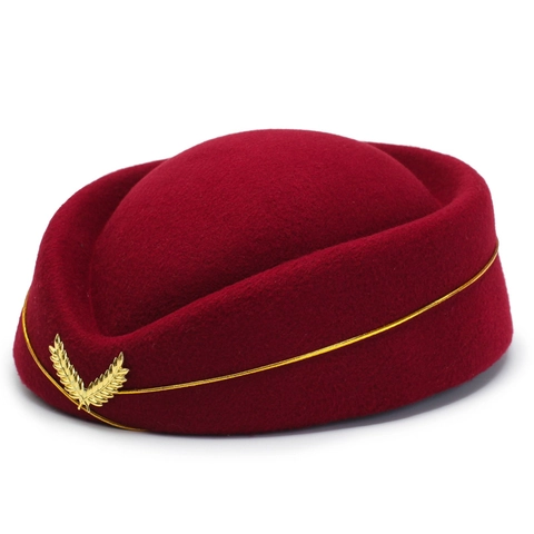 Stewardess Pillbox Hat Woolen Felt Elegant Vintage Airline Uniform Performance Cap With Gold Badge Rope Decoration For Women