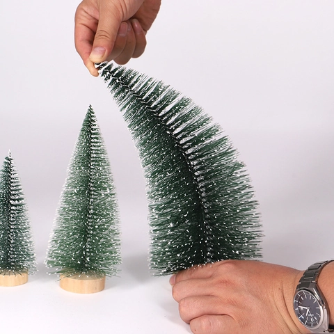 Mini Artificial Christmas Tree Frosted Snow Pine Needle Wood Base Tabletop Decoration Winter Holiday Ornament