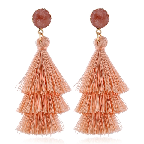 Three-Layer Tassel Earrings For Women Bohemia Long Drop Dangle Earrings With Druzy Stone Stud Jewelry