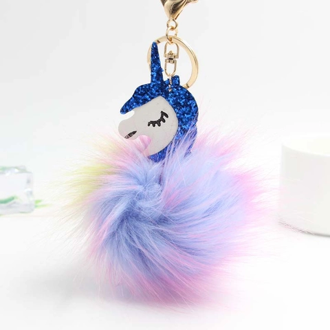 Colorful Plush Unicorn Keychain Gradient Faux Fur Ball Bag Charm With Glitter Unicorn Head Golden Keyring Gift For Women Girls