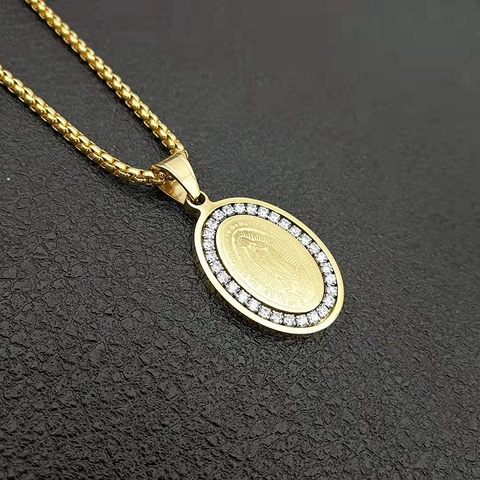 Collana Vergine Maria Nostra Signora Di Guadalupe Acciaio Titanio Placcato Oro Zirconia Gioielli Hip Hop