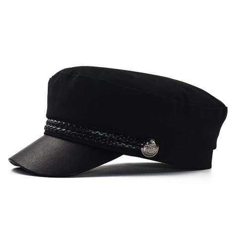 Casquette Gavroche Femme Coton Visière Cuir PU Chapeau Marin Plat Vintage Style Britannique Corde Tressée Bouton Métal