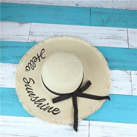 Damen Sonnenhut Strohhut Mit Breiter Krempe Hello Sunshine Stickerei Schwarze Schleife Sommer Strand Urlaub Fransen