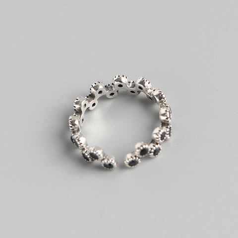 Wavy Open Ring 925 Sterling Silver Vintage Black Zircon Adjustable Finger Jewelry For Women Korean Style Elegant