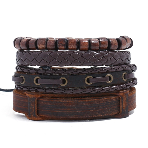Bracelet Homme Cuir Véritable Tressé Perles De Bois Corde De Chanvre Alliage Réglable Multicouche Vintage Bijoux