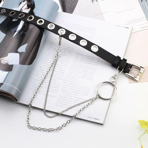 Punk PU Leather Grommet Belt With Double Detachable Chains Silver Eyelets O-Ring Waist Belt For Women Gothic Streetwear
