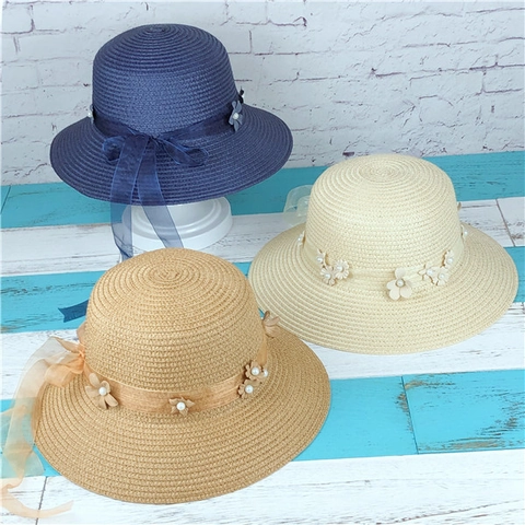 Women Summer Straw Sun Hat Wide Brim Foldable Beach Cap With Flower Ribbon Bow Artificial Pearl Decoration Pastoral Style