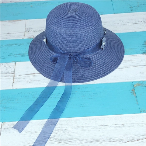 Women Summer Straw Sun Hat Wide Brim Foldable Beach Cap With Flower Ribbon Bow Artificial Pearl Decoration Pastoral Style