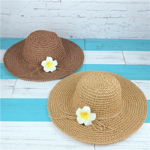 Chapeau De Soleil En Paille Femme Été Plage Respirant Nœud Décoration Plumeria Pliable Bob