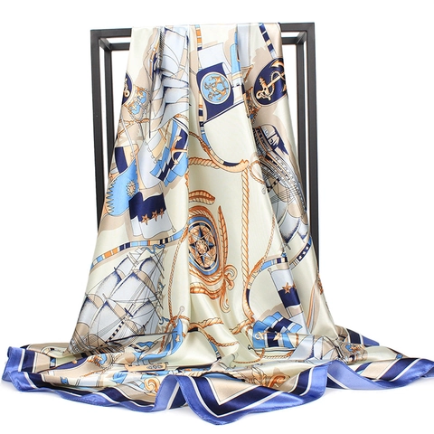 Damen Großes Quadratisches Satin Tuch Europäisch Amerikanisch Druck Kopftuch Nautisch Kette Blumenmuster Seidig Dekorativ