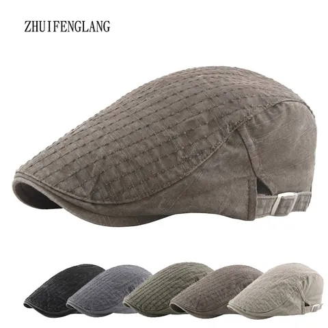 Retro Men Flat Cap Washed Cotton Breathable Adjustable Ivy Cabbie Driving Hat Vintage Solid Color Sun Protection