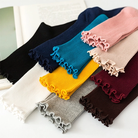 Women Slouch Socks Ribbed Knit Cotton Ruffle Edge Lettuce Trim Solid Color Vintage Japanese Style