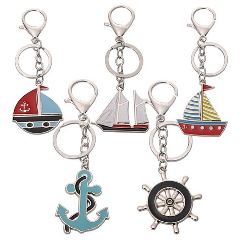 Porte-clés Nautique en Alliage de Style Méditerranéen Voilier Ancre Gouvernail Anneau Porte-clés en Métal Cadeau Homme Femme