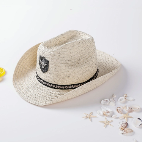 Western Paper Straw Cowboy Hat For Women Men Cattle Head Metal Badge Patterned Band Summer Beach Sun Hat Fedora Straw Hat