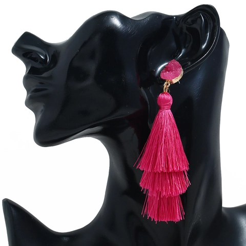 Three-Layer Tassel Earrings For Women Bohemia Long Drop Dangle Earrings With Druzy Stone Stud Jewelry