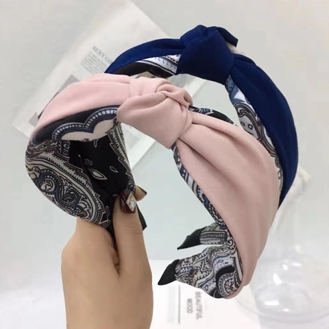 Knot Headband Wide Fabric Paisley Pattern Print Hair Band Contrast Color Non Slip Hair Accessory For Women Girls