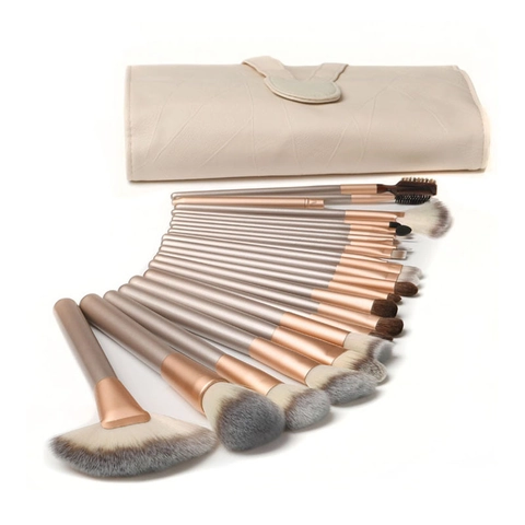 Professional Makeup Brushes Soft Synthetic Bristles Wood Handles Aluminum Tube With PU Leather Roll Pouch