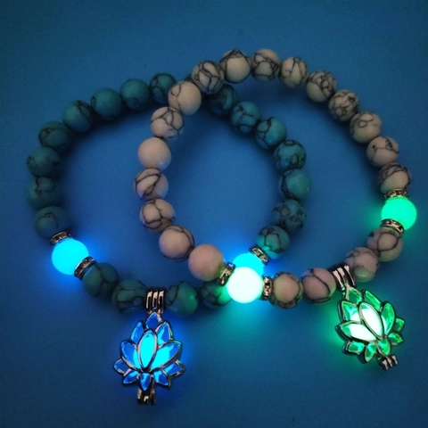 Lichtgevende Kralen Armband Legering Turkoois Fluoriet Steen Gloeit In Het Donker Lotusbloem Hanger Yoga Energie Sieraden