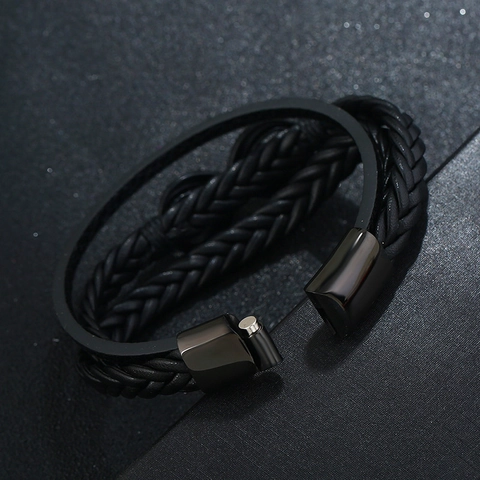 Heren Titaniumstaal Kunstleer Armband Meerlaags Gevlochten Oneindigheidssymbool Magnetische Gesp Punk Sieraden