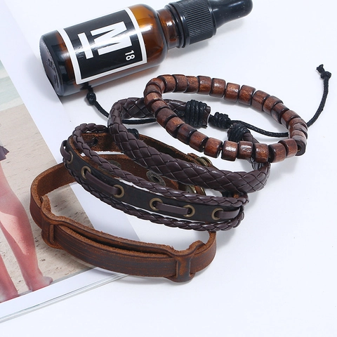 Bracelet Homme Cuir Véritable Tressé Perles De Bois Corde De Chanvre Alliage Réglable Multicouche Vintage Bijoux