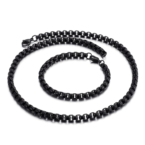 Collar Y Pulsera De Cadena De Caja De Acero Inoxidable Pulido Joyería Estilo Punk Retro Hip Hop Para Hombres Y Mujeres