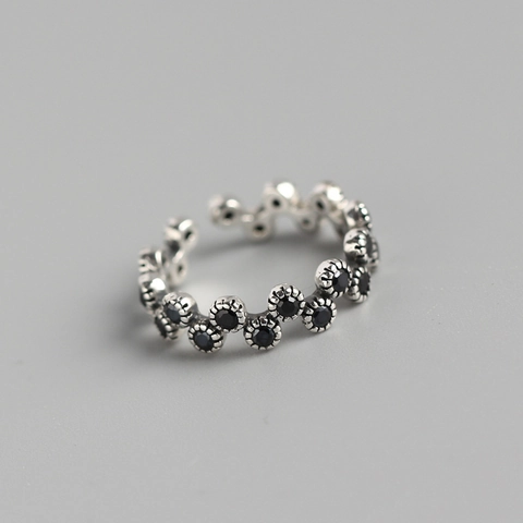 Wavy Open Ring 925 Sterling Silver Vintage Black Zircon Adjustable Finger Jewelry For Women Korean Style Elegant